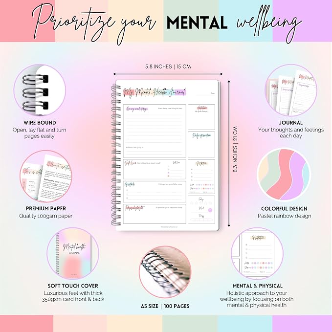 Mental Health Journal Planner | Daily Gratitude, Self Care, Intentions, Affirmations and Nutrition (Rainbow, A5)
