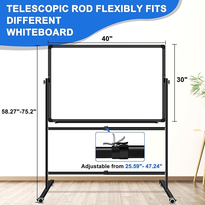 Max-officoo 40"x30" Double Sided Moblie Magnetic Dry Erase Board on Rolling Wheels, Height Adjustable & Angle Corkboard and Whiteboard with Stand