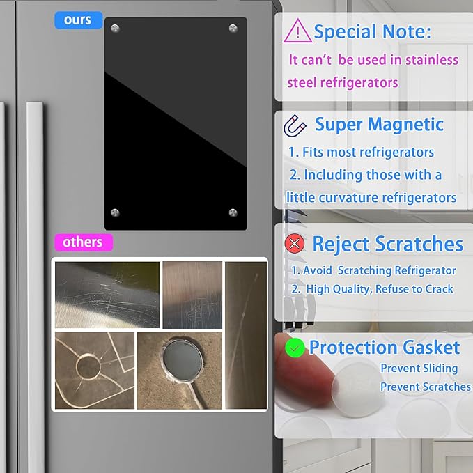JonXon 8"x12" Acrylic Magnetic Dry Erase Board for Fridge, Clear Acrylic Magnet Calendar for Refrigerator,Includes 6 Magnetic Dry Erase Markers(Black Blank)