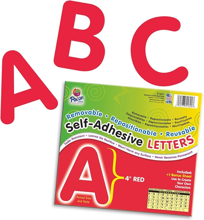 Pacon® PAC51621 Self-Adhesive Letters - Removable, Repositionable, Reusable, 4", Red, 78 Pieces