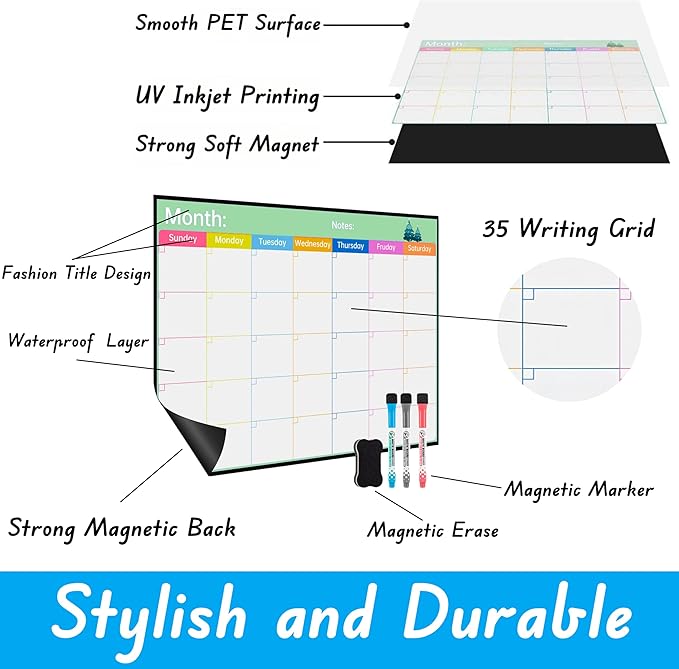 Magnetic Fridge Dry Erase Calendar, Large White Board Calendar for Refrigerator,17x12 inch for Family Schedule,Monthly Planner, Chores,with Strong Magnet Back,Markers