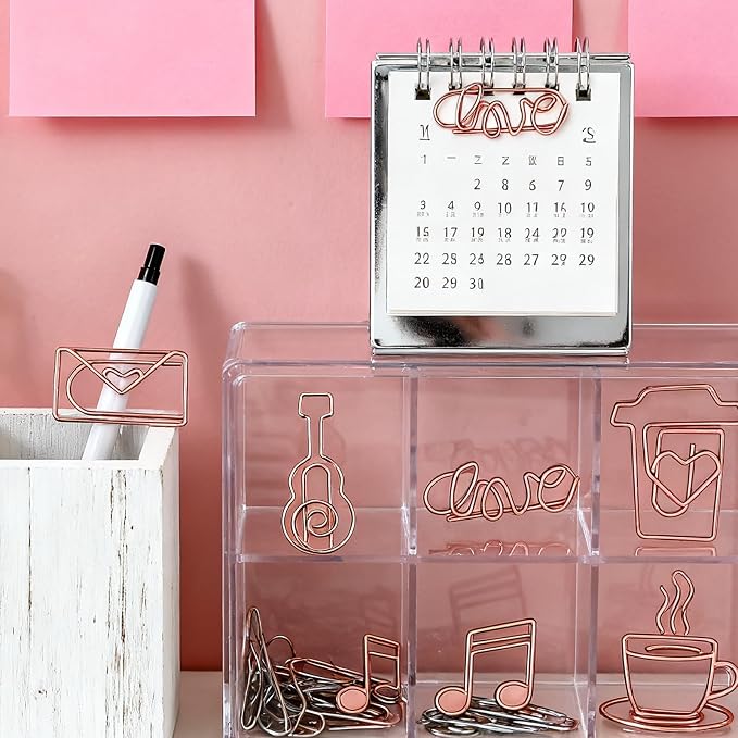 30Pcs Adorable Rose Gold Fancy Paper Clips Set, Cute Shaped Metal Clips with Travelers Accessories for Planner & Journal Supplies, Creative Decorative Bookmarks for Office School Home Organization