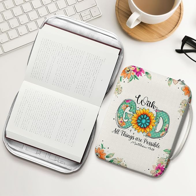 Floral Sunflower Bible Cover for Women with Handle and Zipper Pocket, Inspirational Canvas Bible Bag with Scripture Verse, Fits Standard Size Bible, Christian Gift for Mom, Girls