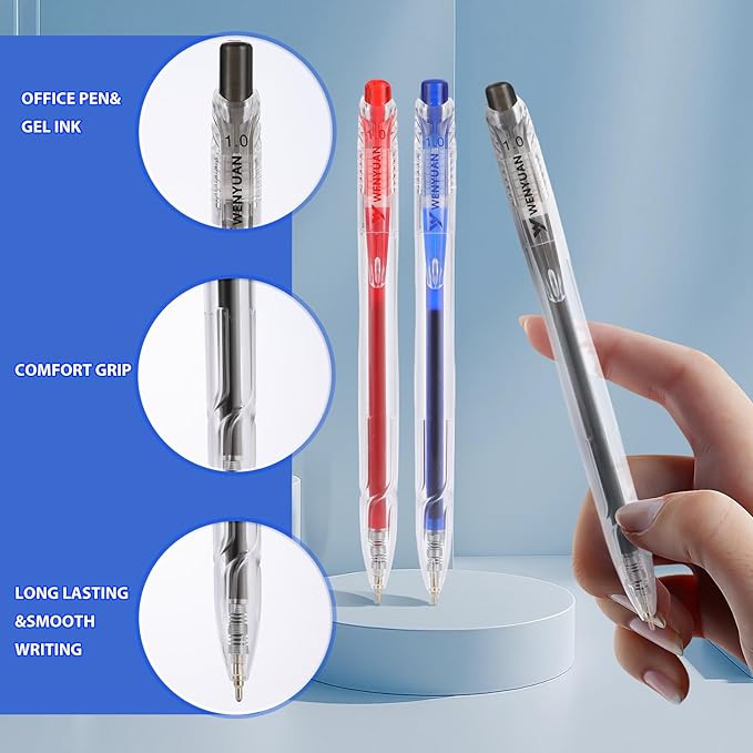 WY WENYUAN 12 Pcs Gel Pens, 1.0mm Bold Point Black & Red & Blue Pens, Quick Drying Gel Ink Pens for Smooth Writing, Retractable Ballpoint Pens for School, Office, Journaling, Note Taking
