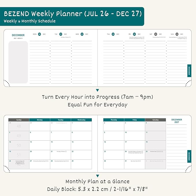 BEZEND Weekly Planner 2026 2027 Equal Weekend Space with Hourly Timeslot (Medium 9" x 5.5") 18 Months Academic Calendar (Jul 26-Dec 27) for Students, Work & Home, PU Leather Hardcover -Mustard