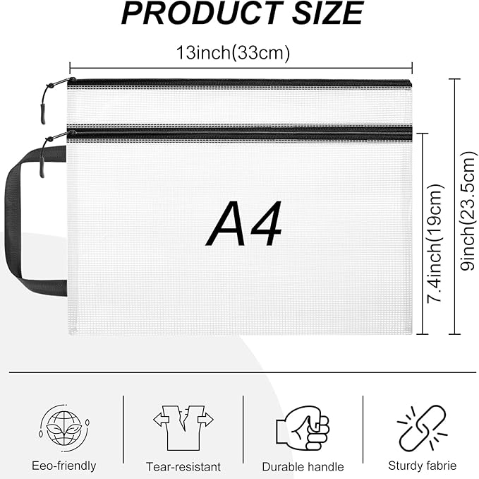 Double Layers Mesh Zipper Pouch Bags A4 (13x9 in, 24 Pcs) Black Zipper Bags, Waterproof File Pouches for Puzzles Board Game Teacher School Classroom Office Supplies Travel Bag