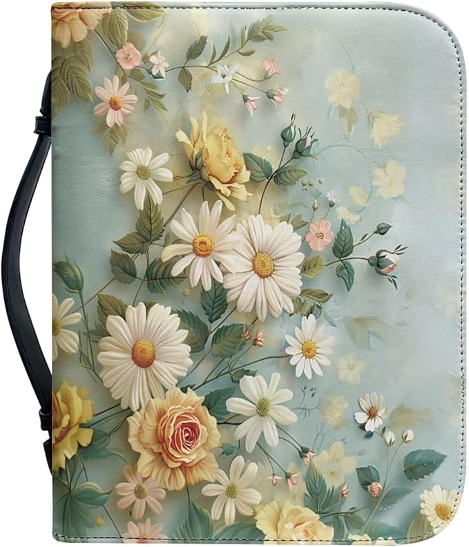 Daisy Flower Print Bible Cover Case for Women Girls Study Supplies Accessories Christian Gifts Carrying Cases Book Protector with Durable Handle-XL