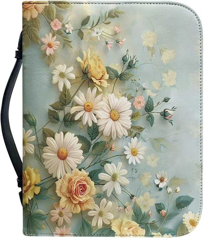 Daisy Flower Print Bible Cover Case for Women Girls Study Supplies Accessories Christian Gifts Carrying Cases Book Protector with Durable Handle-XL