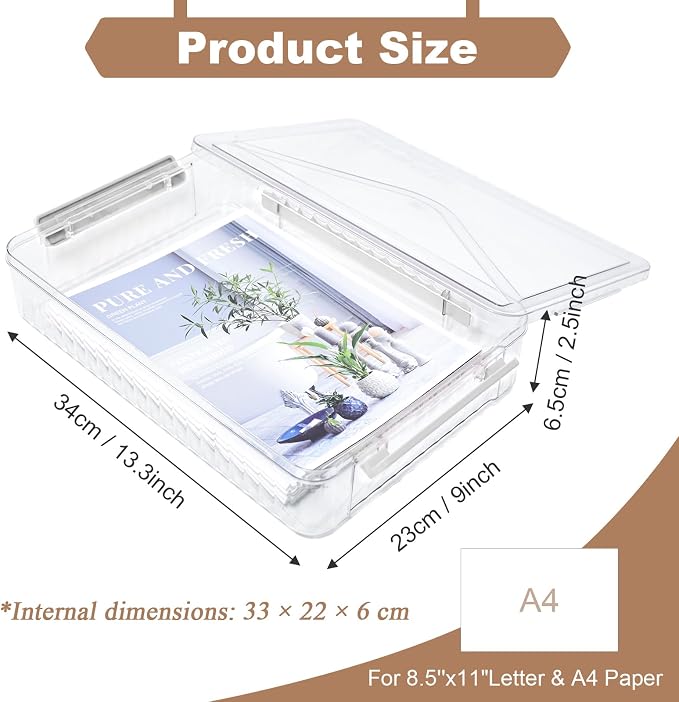 Clear Storage Boxes with Lid - A4 Transparent Paper Storage Organiser with Handle and Portable Project Case Drawer Organizer for Storing Certificates, Photos, Scrapbook, Toys, and Invoices
