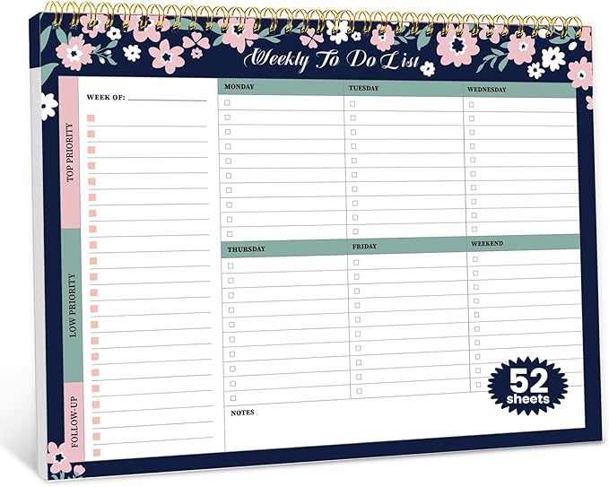 Weekly To Do List Notepad with 52 Undated Sheets（8.5"×11"）- Undated Weekly Planner Notepad for Office Desk Accessories and Supplies - Navy Blossom