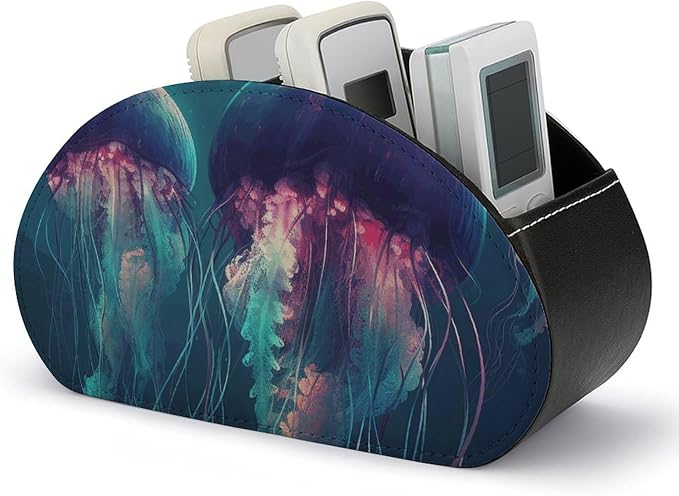 Color Jellyfish Remote Control Holder TV Remote Caddy with 5 Compartments PU Leather Storage Box Stylish Desk Organizer for TV/DVD/Accessories Desk Office Supplies Home