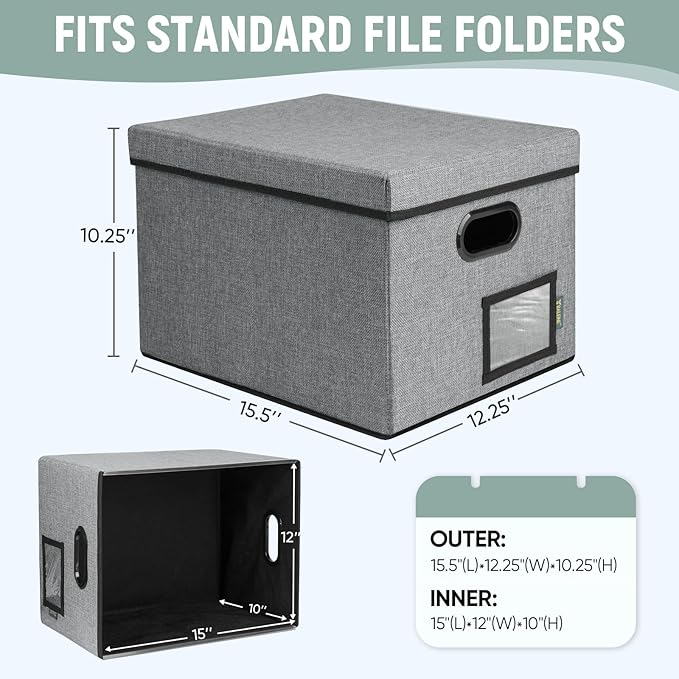 BALEINE File Organizer Box with Lid, Collapsible File Folder Organizer with Plastic Slide, Filing Box for Office Home Document Organizer Storage (Gray, 4PK)