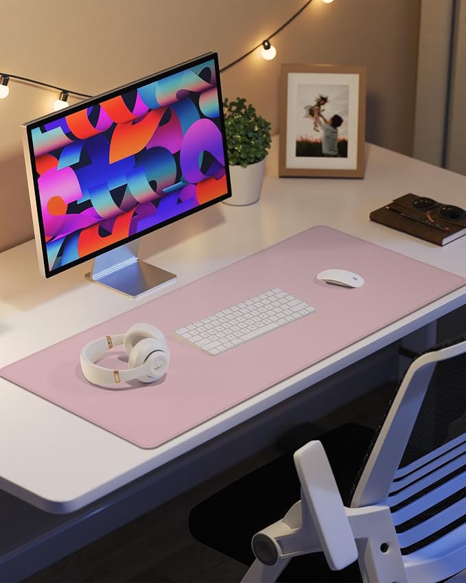 AFIING Desk Pad Protector 23.6" x 13.7" - Non-Slip Waterproof PU Leather Desk Mat for Mouse, Keyboard, Laptop, Office and Home Workspace (Light Pink)