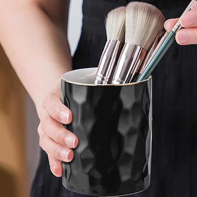 Aesthetic Desk Organizer Set of 2 For Your Office - Sturdy Concrete Desktop Accessories For Women or Men Enhance Any Office Decor - Set incl. Ceramic Black Pen Holder and Paper Clip Holder