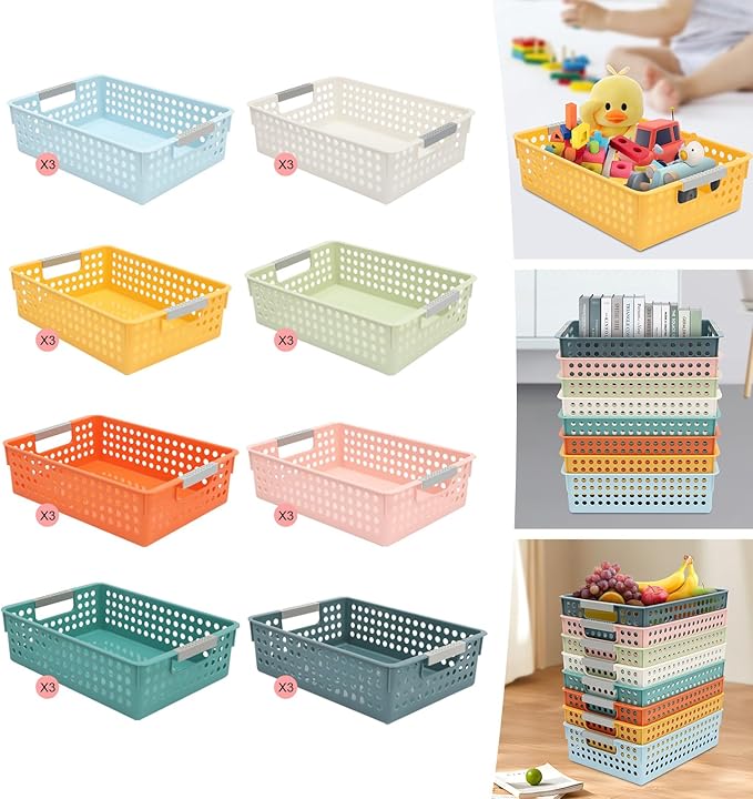 24 Pack Plastic Storage Baskets - Colorful Paper Organizer Baskets Plastic Shelf Bins with Handles, Classroom Office File Holder for Home Office School