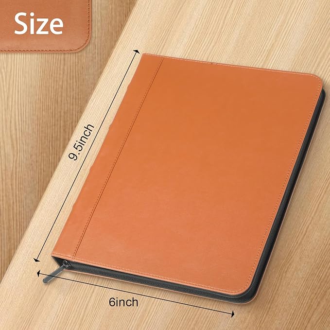 Small Portfolio/Zippered Padfolio Binder, Book Style Hardback Design, Business & Interview Portfolio Organizer, 5 x 8 Writing Pad Included, Brown