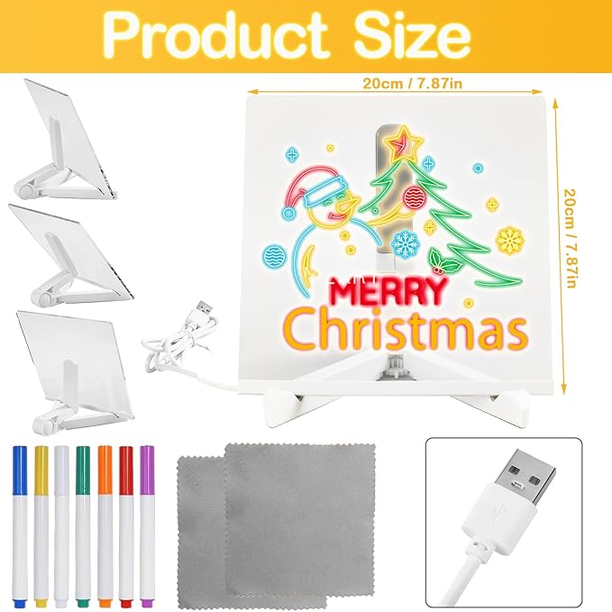 LED Note Board with Colors, Acrylic Led Note Board with Colors, Light up Dry Erase Board with Stand & 7 Pens, Glowing Memo Letter Message Board for Home Office School (7.87" x 7.87")