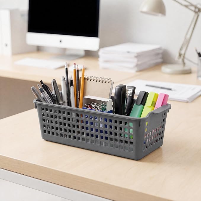 Domensi Gray 12 Pcs Slim Plastic Storage Baskets for Organizing 11.6" x 5" x 3.4" Small Narrow Storage Bins with Handles & Label Area Thin Pencil Trays for Bathroom Drawer Office Desk Closet