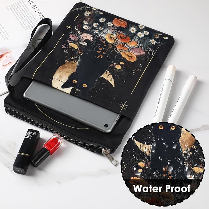 Book Sleeve with Zipper - Black Cat Books Cover Protector for Paperbacks Flower Moon Waterproof Bookish Pouch Reader Librarian Accessories Halloween Christmas New Year Gifts for Bookworms