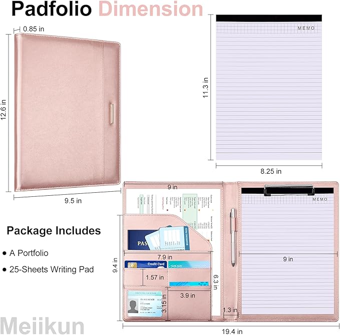 Padfolio with Clipboard, PU Leather Business Portfolio Binder, Interview Resume Folder with Card Holder, A4 Letter Document Organizer Included Writing Note Pad for School Office Conference (Rose Gold)