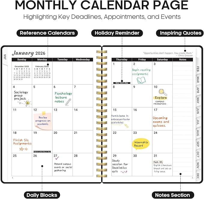 2026 Planner, Weekly and Monthly Calender Planner, Jan 2026 to Dec 2026, Hardcover 2026 Calendar Book with Tabs & Inner Pocket, Office Home School Supplies for Women & Men - A4 (8.5" x 11"), Black