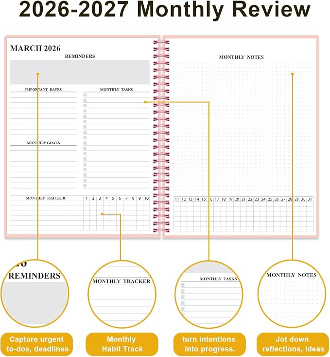 Monthly Planner 2026-2027 – Monthly Calendar from July 2026 to December 2027, 18 Month Planner with Spiral Binding, Inner Pocket, Elastic Closure, 8.5" x 11", Pink