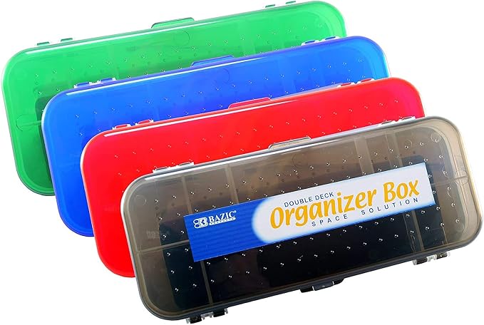 Double Deck Organizer Box, 8.25" x 3.25" x 1.5", 2 Latched Sides - 5 Compartments (4-Pack, Black, Red, Blue, White)