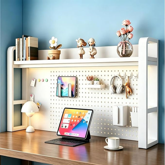 Desk Shelf Organizer with Pegboard & Storage Parts, 45kg Heavy Duty Desk Hutch, Desktop Storage Rack for Office & Home Office Shelves White Shelf/Whiteboard (2-Tier) 53.2×10×26"