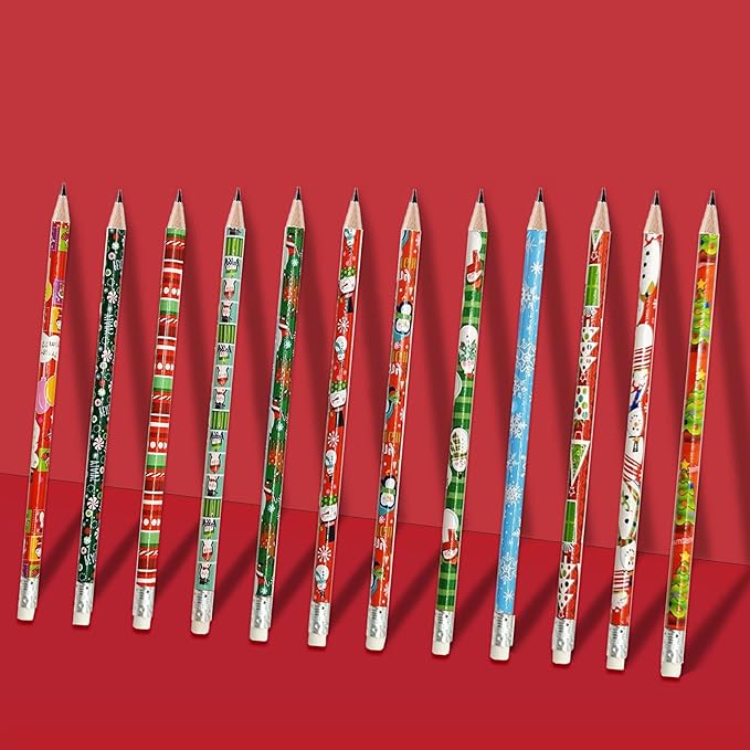 48Pcs Christmas Pencils for Kids, Christmas Wooden Holiday Pencils with Erasers, Santa, Snowman, Reindeer Designs for Classroom Party Favors, Stocking Stuffers, Xmas Gift Supplies, School Supplies