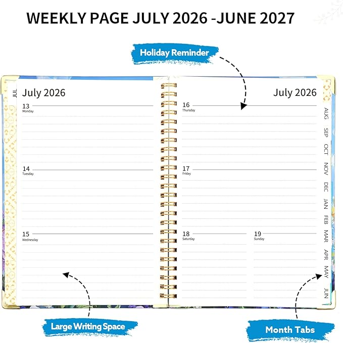 2026-2027 Planner, Weekly and Monthly Planner, July 2026-June 2027, Calendar Planner A5 (6.1" x 8.4") with Tabs, Inner Pocket for Home School Office Supplies, Purple Flower