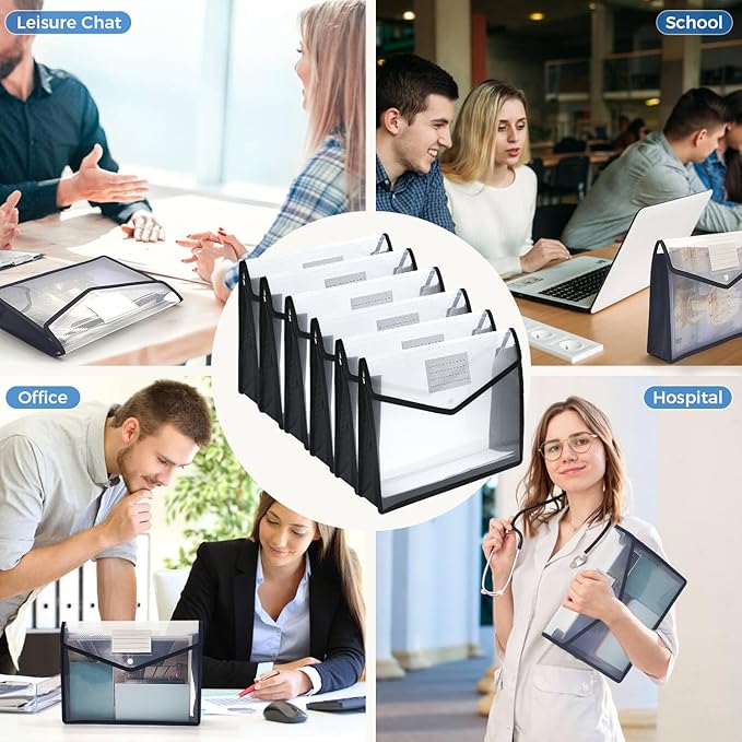 Plastic Expanding File Folder,Envelope Folders for Documents, File Folder Organizer Holder with Snap Closure,Waterproof Transparent File Folder,Large Capacity, Fit Letter/A4 Size (Black-6 Pack)