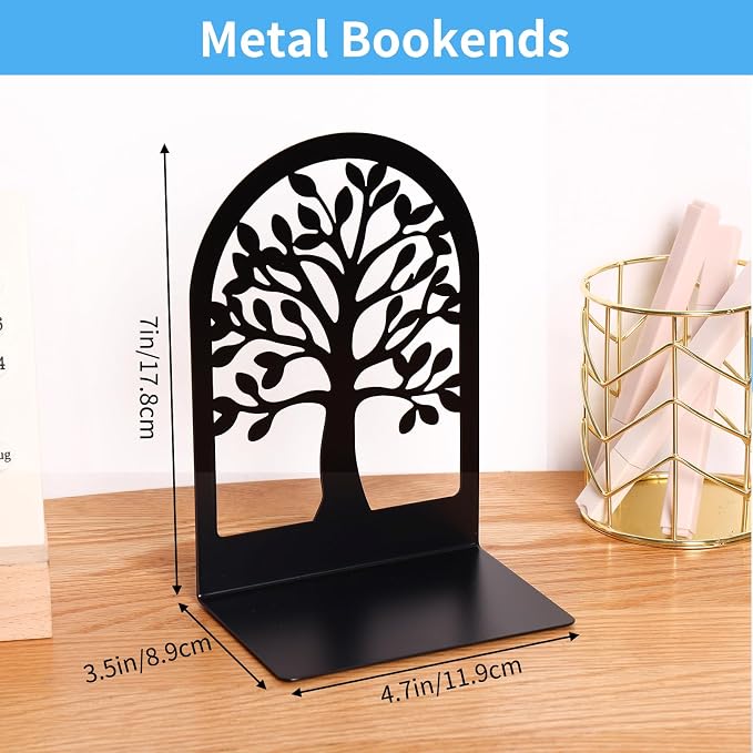 EOOUT Bookends for Shelves Decorative, 5 Pairs (10 Pack) of Tree Bookends Supports, Black Metal Book Stoppers for Heavy Books, Heavy Duty Book Ends for Home Office School.