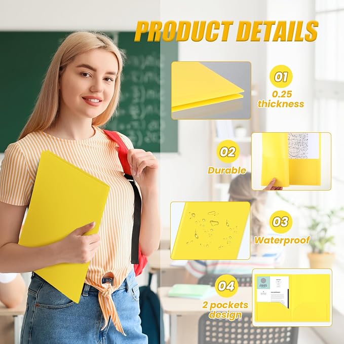 Gueevin 100 Pack Plastic Folder with Pockets, 2 Pocket Folders, Plastic Glossy Folders Fit Letter Size Paper, Heavy Duty Durable File Folder with Business Card for Home Office School (Yellow)
