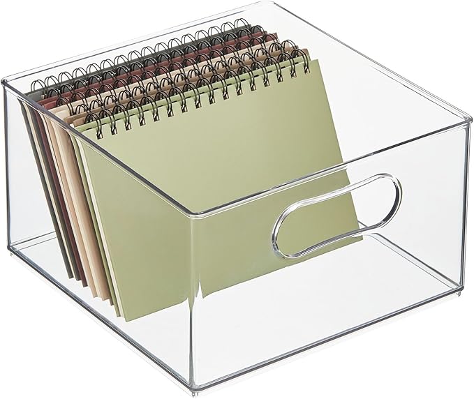 mDesign Deep Plastic Stackable Storage Organizer Container Bin, Office Organization for Filing Cabinet, Cupboard, Shelves, and Desk - Holds Notepads, Pens, Pencils - Ligne Collection, 6 Pack, Clear