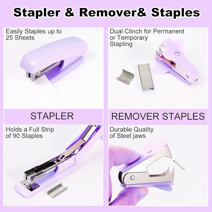 Gawsey Purple Desk Organizers and Accessories with Desk Organizer 360° Rotating Pen Holder and Office Supplies, Cute Stationery Supplies Set