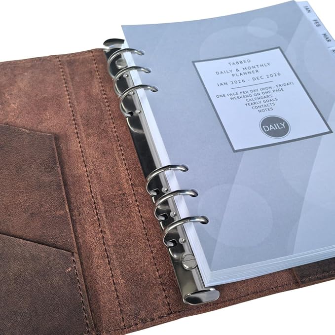 Leather Daily Planner - Day on One Page, Jan 2026 to Dec 2026, Genuine Leather Binder, Refillable, A5 Size