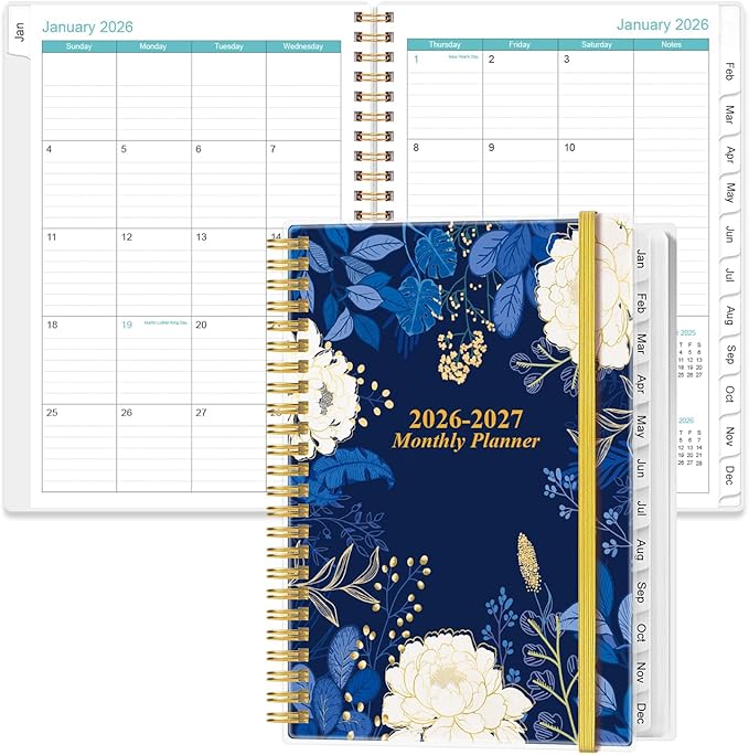 2026-2027 Monthly Planner - January 2026 - June 2027, Two Pages Per Month, 18 Monthly Calendar/Planner with Tabs, Inner Pocket, 6.4" x 8.5", Blue Leaf Flower
