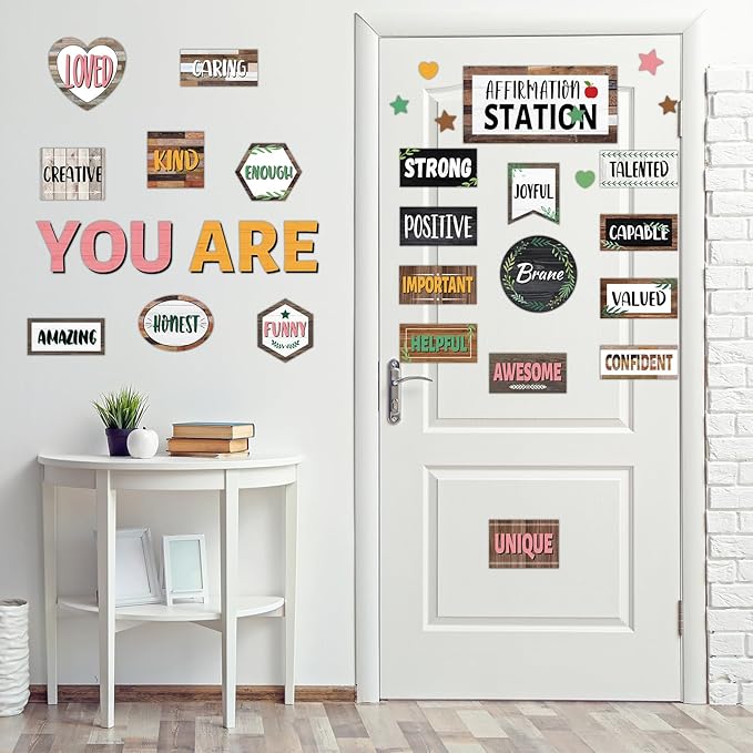Classroom Affirmation Station Bulletin Board Set Motivational Bulletin Board for Classroom Door Decorations Wood Grain Mental Health Posters You are Positive Cutouts for Teachers School Wall Supplies