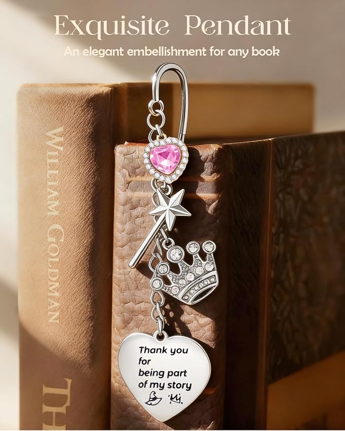 Buleens Bookmarks for Women Reading - Book Marks for Readers Book Lovers, Feather Fantasy Witch Pink Personalized Metal Bookmark with Pendants, Pretty and Aesthetic Book Accessories Reading Gifts