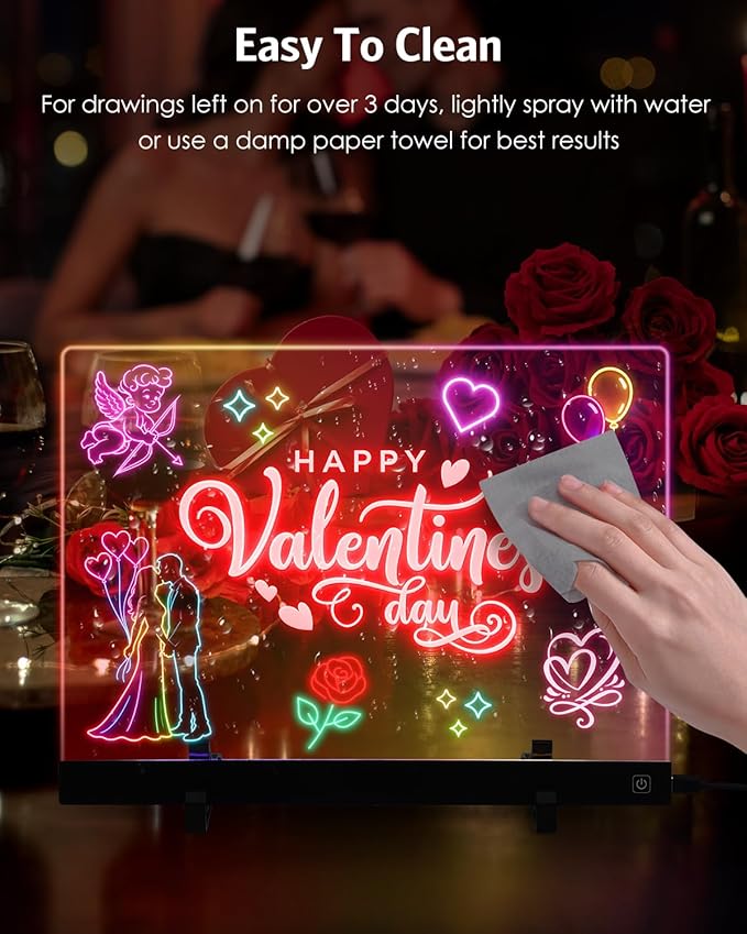 AMIR LED Note Board with Colors, 13.7“x10” LED Drawing Board Acrylic Dry Erase Board with 4 Light Colors, Brightness Adjustment, Stand, 7 Markers, 5 Copy Drawings Message Board for Home or Decor