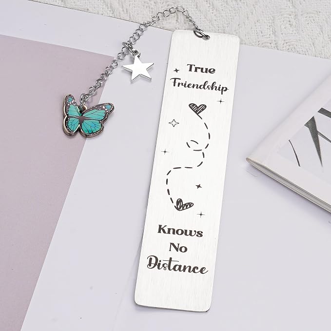 Long Distance - Stainless Steel Bookmark with Blue Enamel Butterfly Charm, Friendship Bookmarks for Book Lovers, Birthday, Graduation, Christmas, Keepsake
