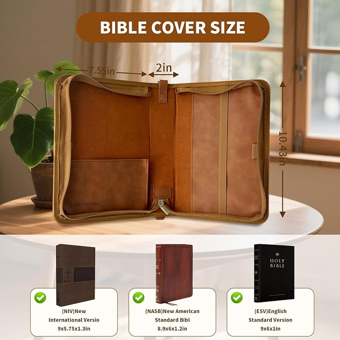Bible Cover,Bible Cover Case for Women,Men&Children with Detachable Shoulder Strap,Handle for Bible and Other Book Accessories,Christian Art Gifts,PU Leather, Church Bag,Brown