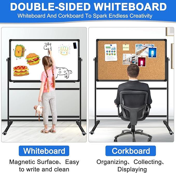 Max-officoo 36"x24" Double-Sided Mobile Whiteboard and Cork Boards with Stand Adjustable Height and Angle Rolling Magnetic Dry Erase Board