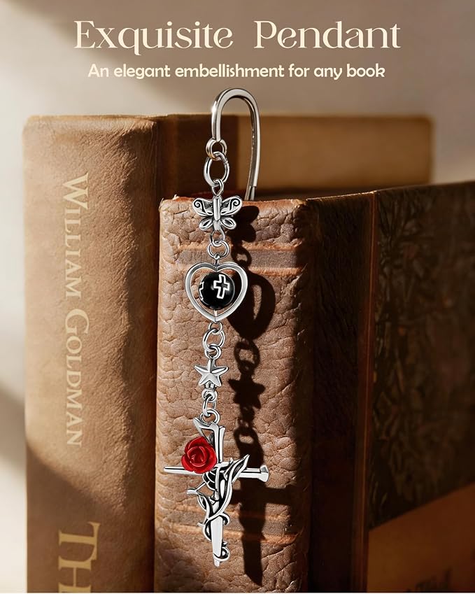 Buleens 2 Pack Bookmarks for Women Reading - Book Marks for Readers Book Lovers, Goth Sliver Cross Personalized Metal Bookmark with Pendants, Pretty and Aesthetic Book Accessories Reading Gifts