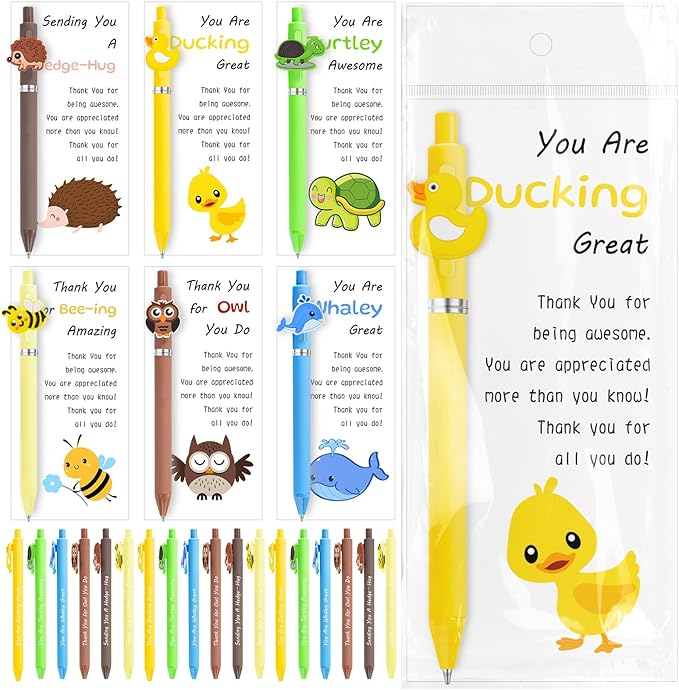 Auch Employee Appreciation Gifts Bulk – 30 Pack Inspirational Animal Ballpoint Pens with Funny Thank You Cards for Coworkers, Teachers, Team & Staff (Multicolor)