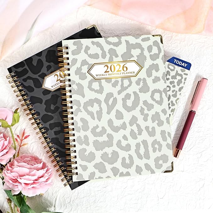 2026 Planner, Jan.2026 - Dec.2026 Planner Weekly and Monthly 6.25"x8.5" with Page Tabs, Calendar Hardcover with Inner Pocket, Elastic Band, Twin-Wire Binding, Bookmark, Gray Leopard