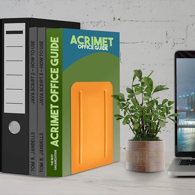 Acrimet Bookends for Shelves, Non-Skid Book Holder, Heavy Duty Book Stopper, Steel Metal Book Ends Storage for Home, Library, 6 7/8" H x 4" W x 4 1/2" D (Orange) (1 Pair / 2 Pieces)