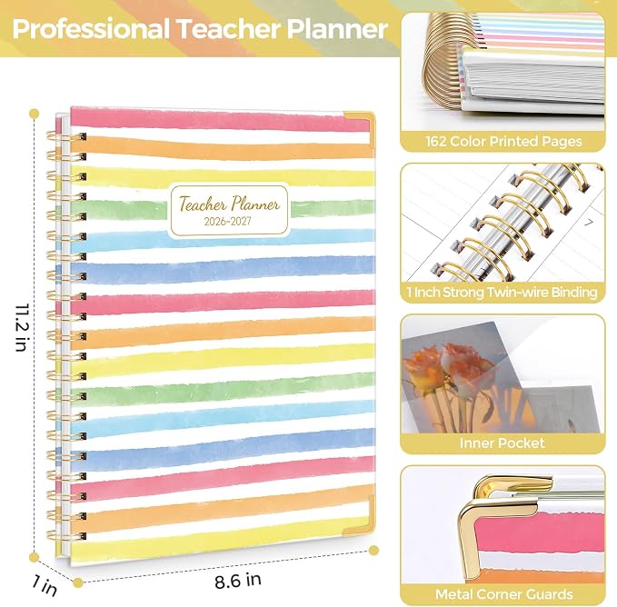 SKYDUE Teacher Planner 2026-2027 Academic Year, 8.5" x 11" Deluxe Teacher Lesson Planner with Monthly Tabs & Stickers, Lesson Plan Book 26-27, Rainbow
