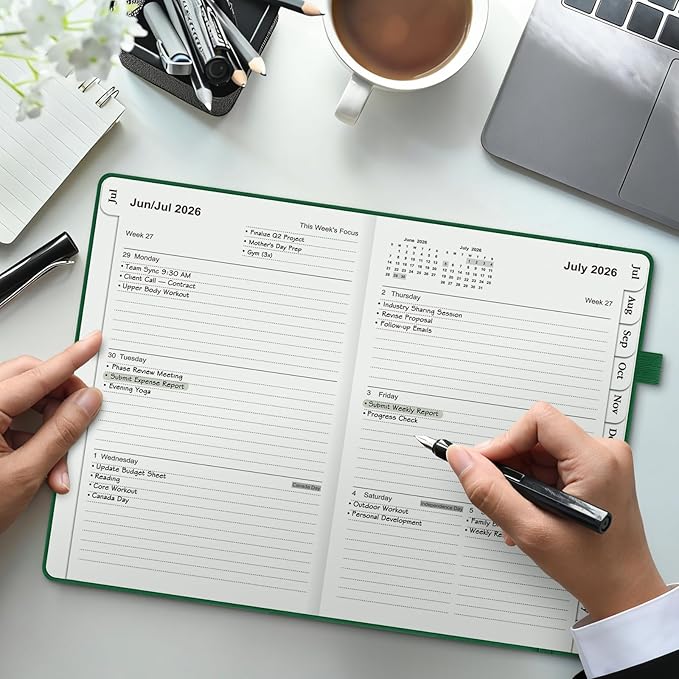 OMEYA Leather Academic Planner 2026-2027: A5 Green Business Weekly & Monthly Planner for Work, July 2026 – June 2027, 100gsm Thick Paper, Durable Stitched Binding, Tabs, Pen Loop, Pocket