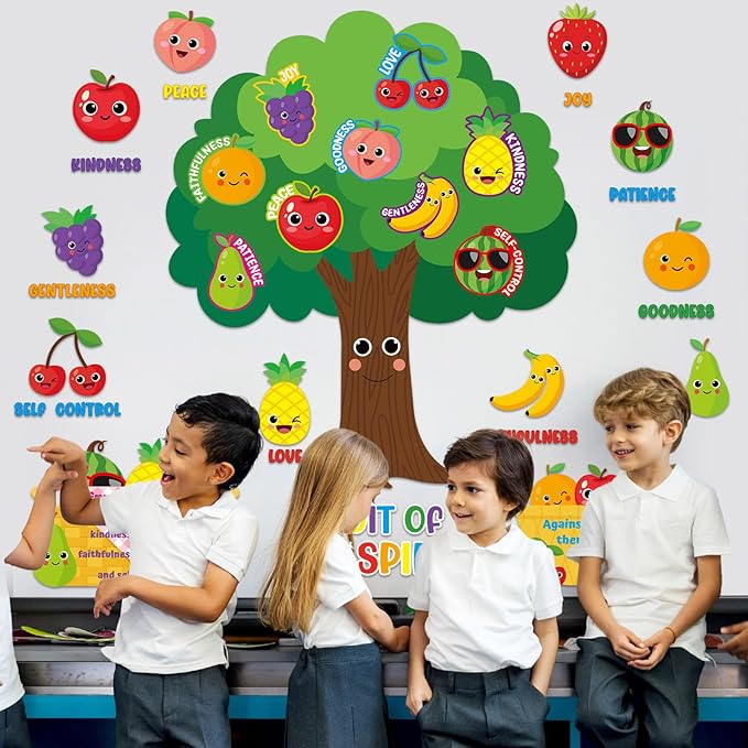 Fruit of The Spirit Bulletin Board Set VBS Vacation Bible School Paper Cutouts Back to School Classroom Decorations Wall Tree Decor for Sunday School Christian Nursery Chalkboard Door Teacher Supplies